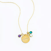 Single gold filled mama necklace with three birthstones including purple amethyst, moonstone and kyante. 