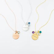 Mama 19mm disc necklaces come in rose gold filled, sterling silver or gold filled. Necklaces from left to right are a single rose gold filled mama necklace and green amethyst stone, single silver mama disc necklace with satellite chain and sky blue and kyanite stones. Third, gold filled mama disc necklace with purple amethyst, moonstone and kyanite birthstones. 