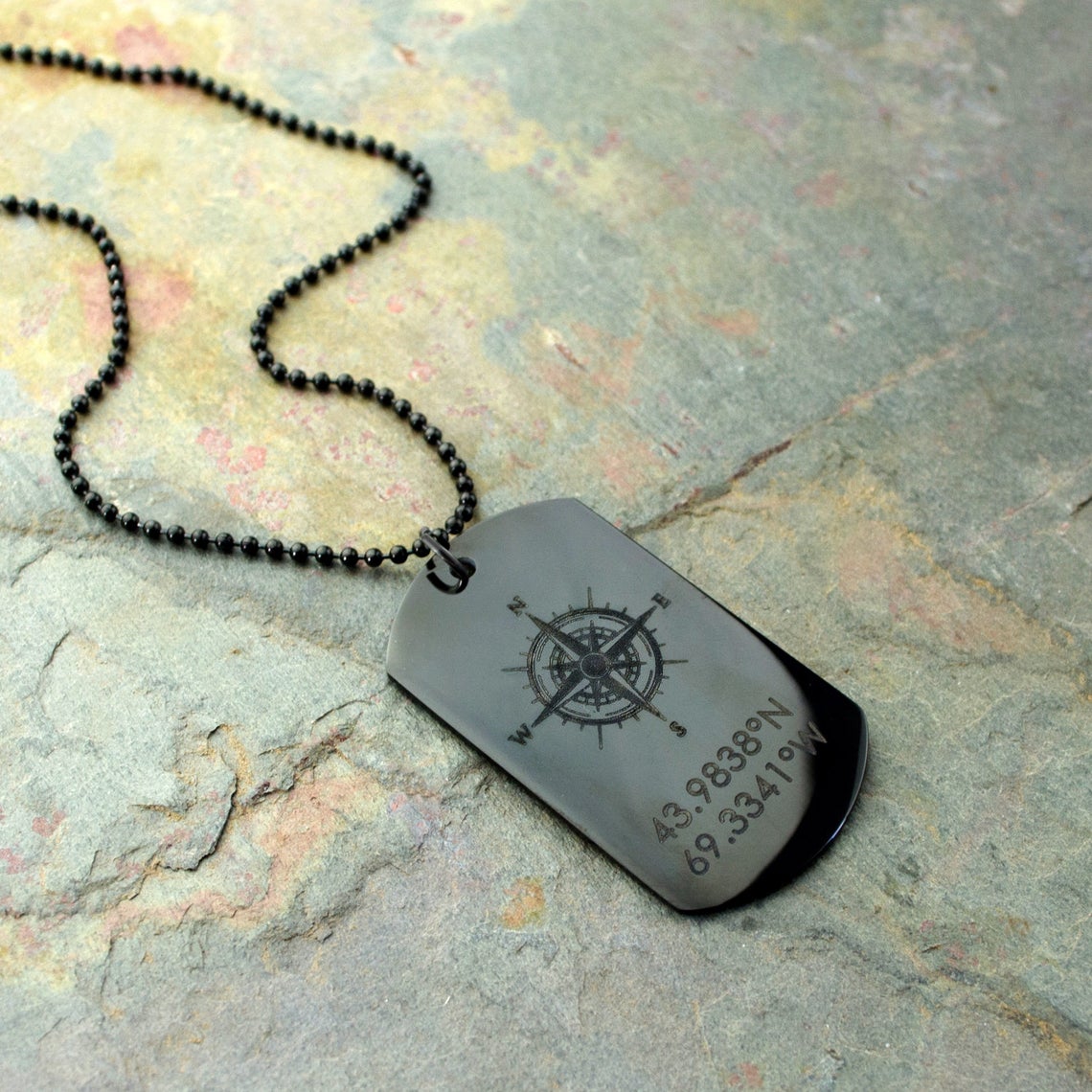 Personalized Dog Tag Necklace with Custom Handwriting - Black dog tag necklace with compass clipart and coordinates. Custom Mens Jewelry, Traditional Military Style Pendant, Wedding Anniversary Gift, Custom Engraved Jewelry