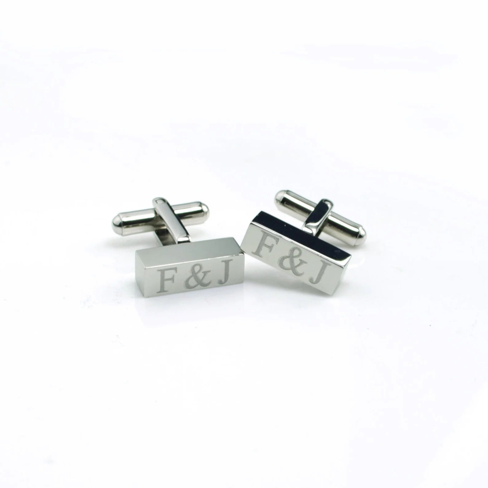 Silver pair of 3d bar cufflinks with initials. Great anniversary, wedding gift prom, promotion or any holiday gift. steel anniversary, silver anniversary, gold anniversary, gift box. gift giving ready. gift ready. mens anniversary gifts, gifts for men, christmas gifts for him, valentine's day gifts for men, gift for husband, gift for fiance, father's day gift, birthday gift, wedding anniversary gift, wedding party gift, father of the groom gift, father of the bride gift, gift for grandfather