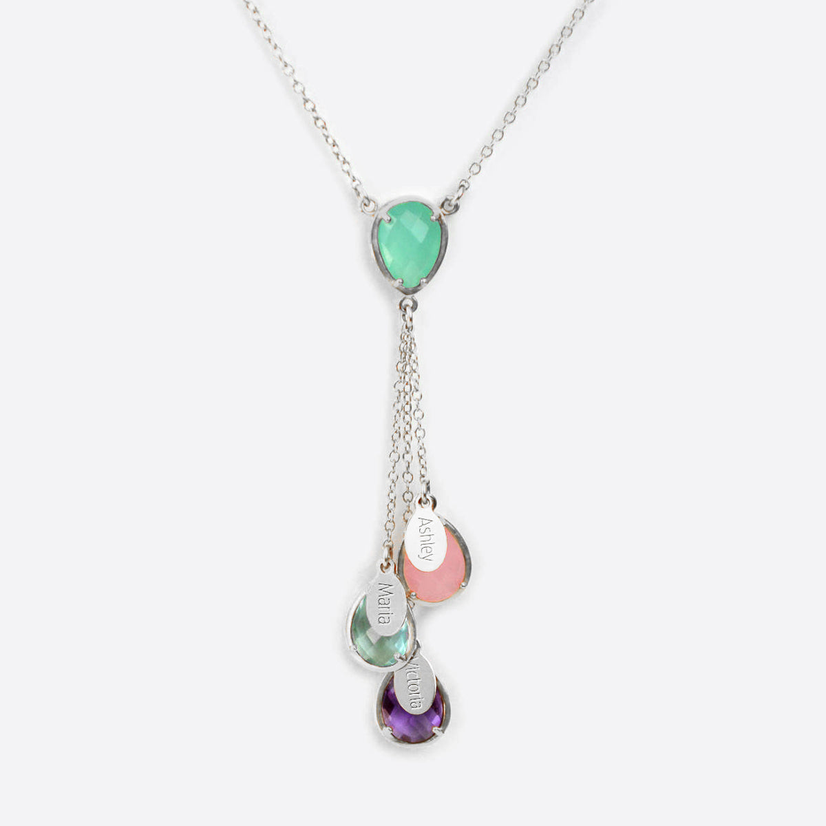 Silver mother's lariat necklace with aqua chalcedony double loop teardrop birthstone, three hanging birthstones with full names engraved on name tags. Stones include: pinky chalcedony, blue topaz and purple amethyst