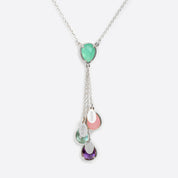 Silver mother's lariat necklace with aqua chalcedony double loop teardrop birthstone, three hanging birthstones with full names engraved on name tags. Stones include: pinky chalcedony, blue topaz and purple amethyst