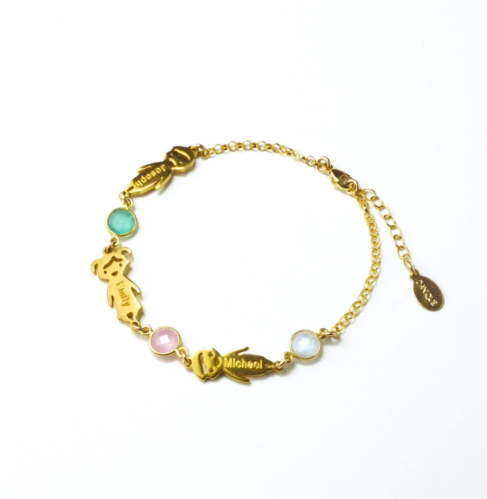 Personalized Birthstone and Kid Charm Bracelet with Child Name or Birthdate and Gemstone
