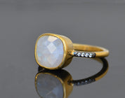 Moonstone gold plated cushion bezel square White topaz pave stacking ring. June birthday, June gemstone, square gemstone, sterling silver, white rainbow birthstone,  stackable, stacking, 