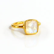 Moonstone gold plated cushion bezel square stacking ring on white background. june birthday, june gemstone square gemstone stackable ring sterling silver 925