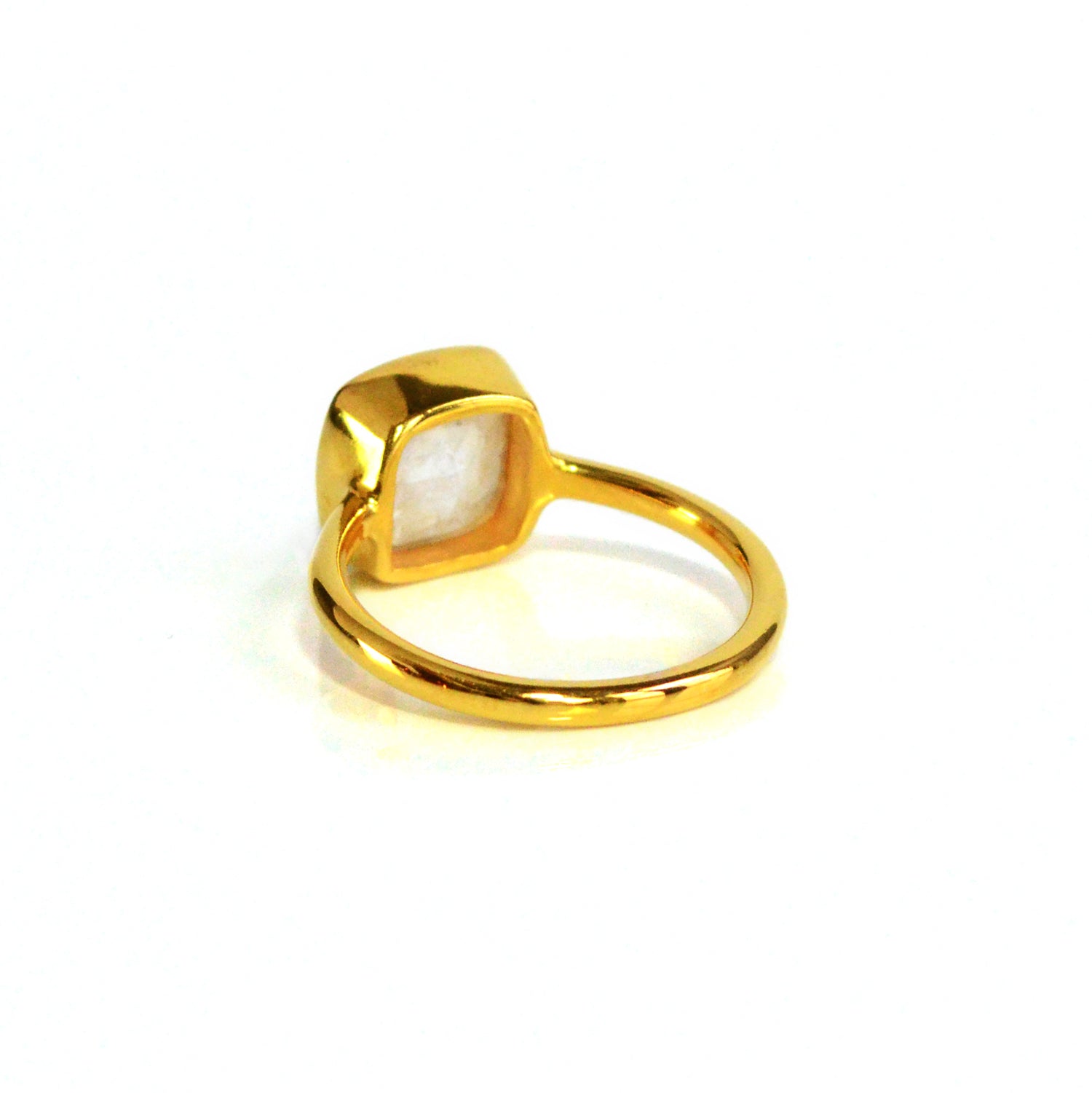 back facing Moonstone gold plated cushion bezel square stacking ring on white background. june birthday, june gemstone square gemstone stackable ring sterling silver 925