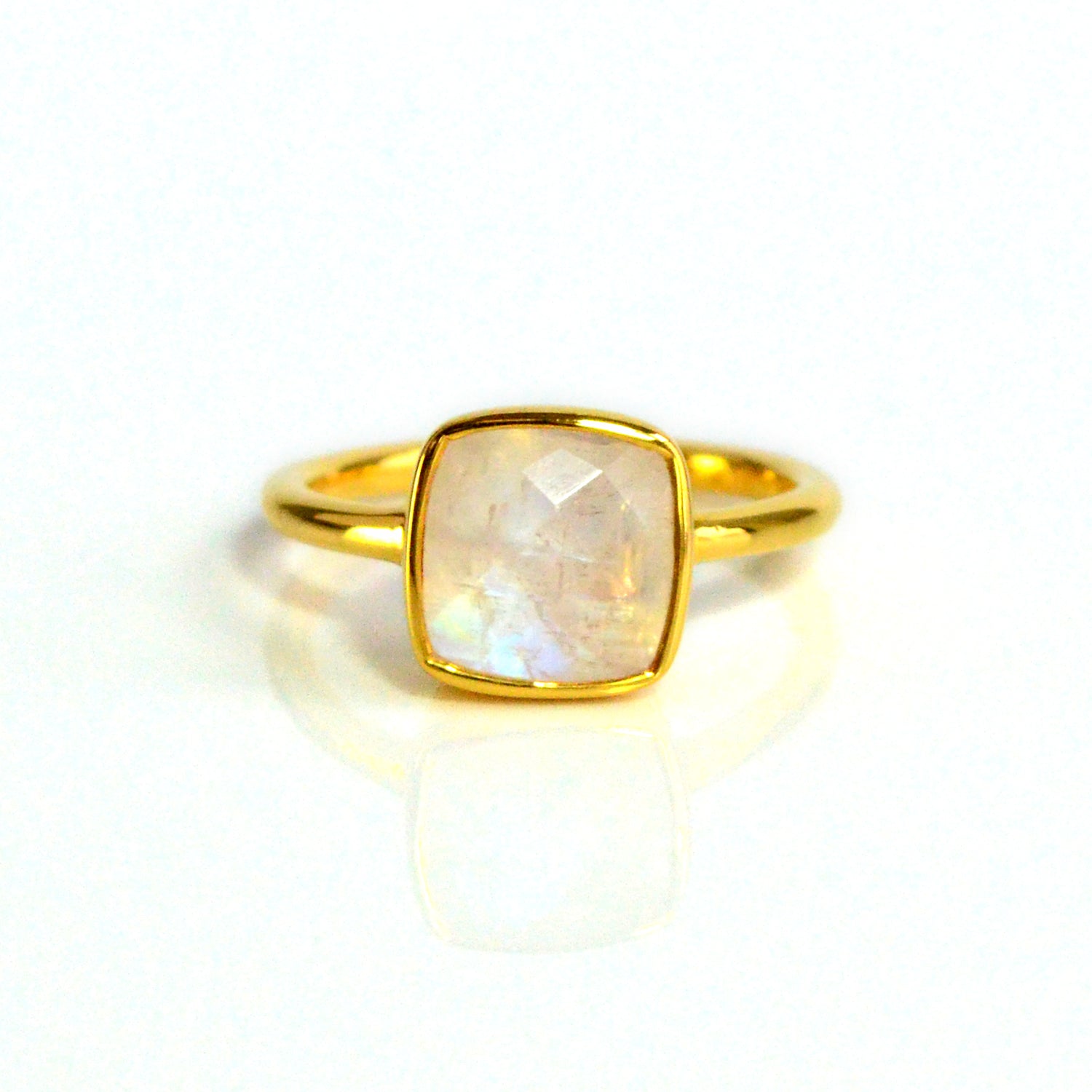 Moonstone gold plated cushion bezel square stacking ring on white background. june birthday, june gemstone square gemstone stackable ring sterling silver 925