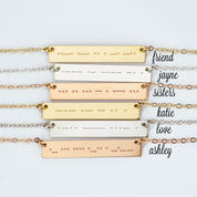 Layered Morse code bar necklaces in gold, sterling silver and rose gold filled, each skinny horizontal plate engraved with secret dot and dash messages like “friend,” “sisters,” “love,” custom name jewelry, personalized gift for best friend, sister, bridesmaid.