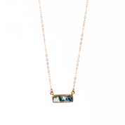 Single rode gold filled cable chain with horizontal moss agate adira bar necklace on white background