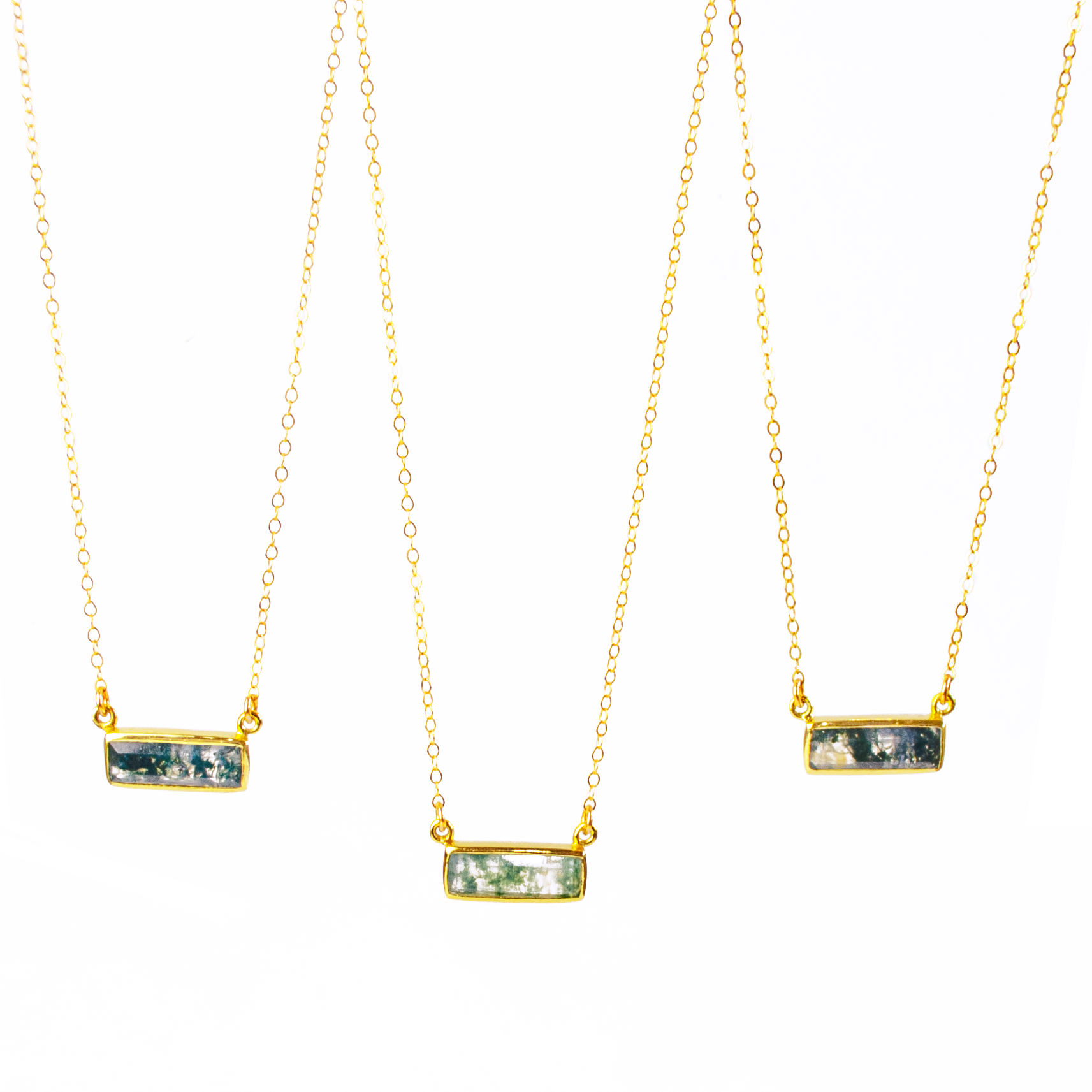 Three gold filled cable chain with horizontal moss agate adira bar necklace with secret engraving in our classic font on white background