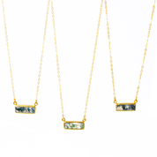 Three gold filled cable chain with horizontal moss agate adira bar necklace with secret engraving in our classic font on white background