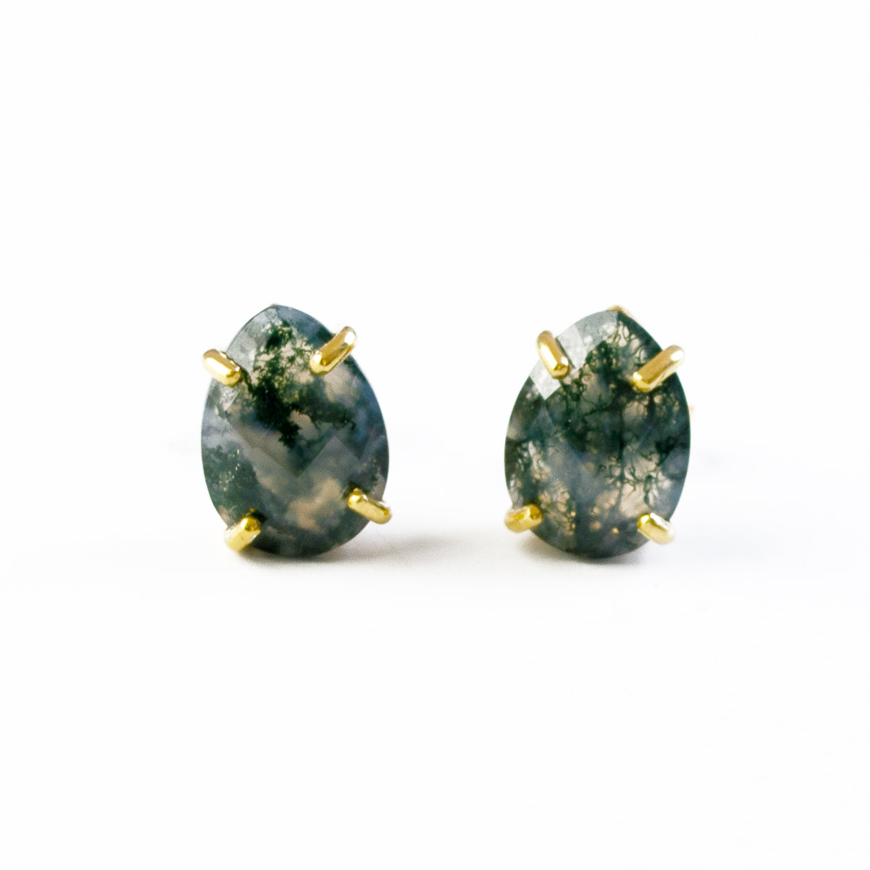 Moss Agate Teardrop Shape Prong Set Stud Earrings