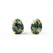 Moss Agate Teardrop Shape Prong Set Stud Earrings