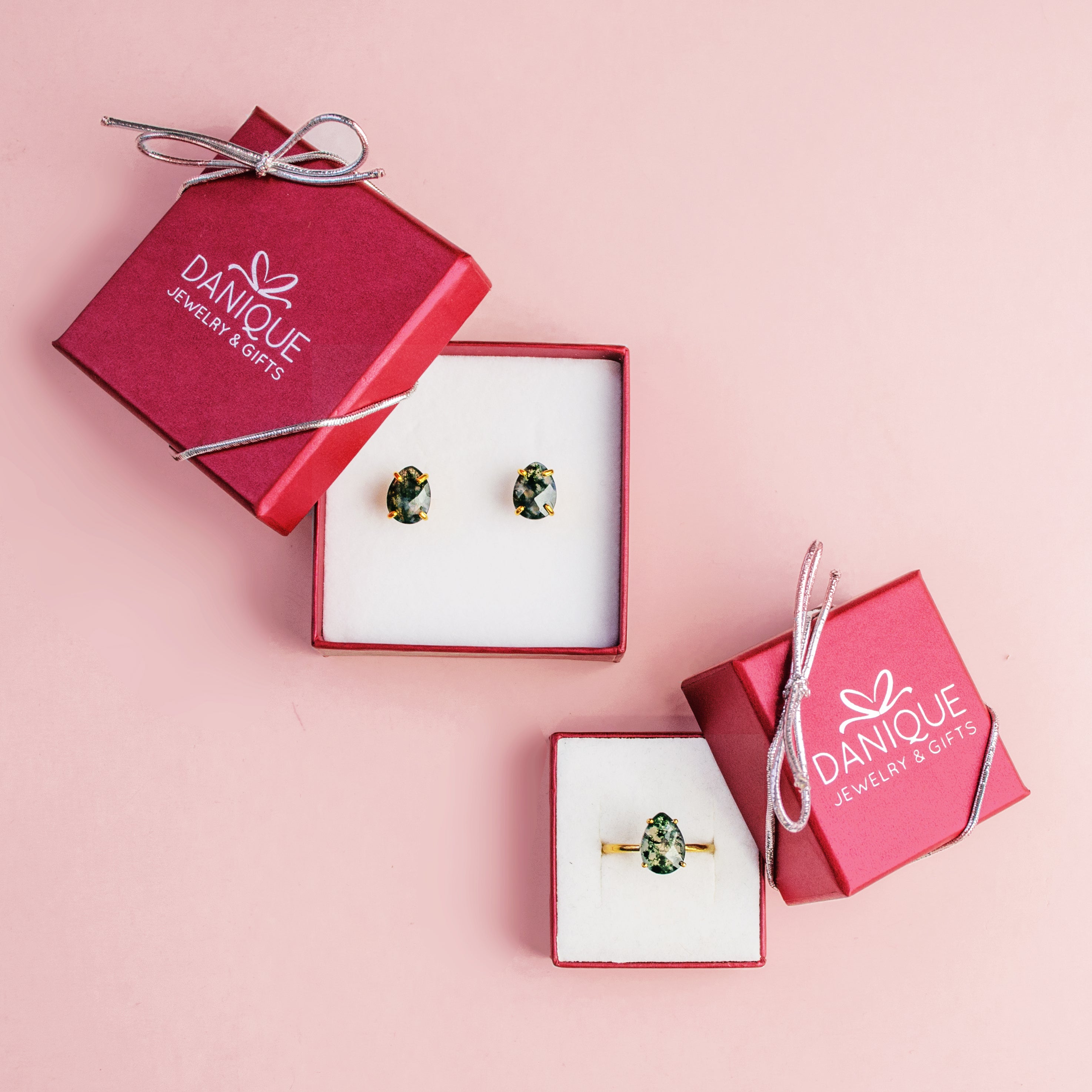 Moss Agate Teardrop Shape Prong Set Stud Earrings