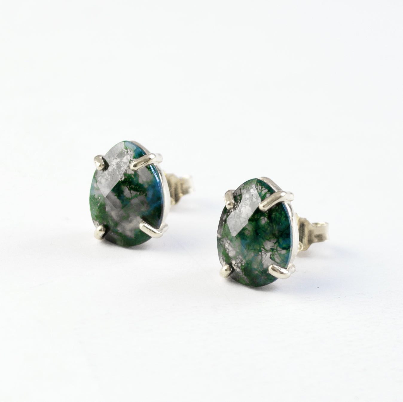 Moss Agate Teardrop Shape Prong Set Stud Earrings