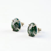 Moss Agate Teardrop Shape Prong Set Stud Earrings