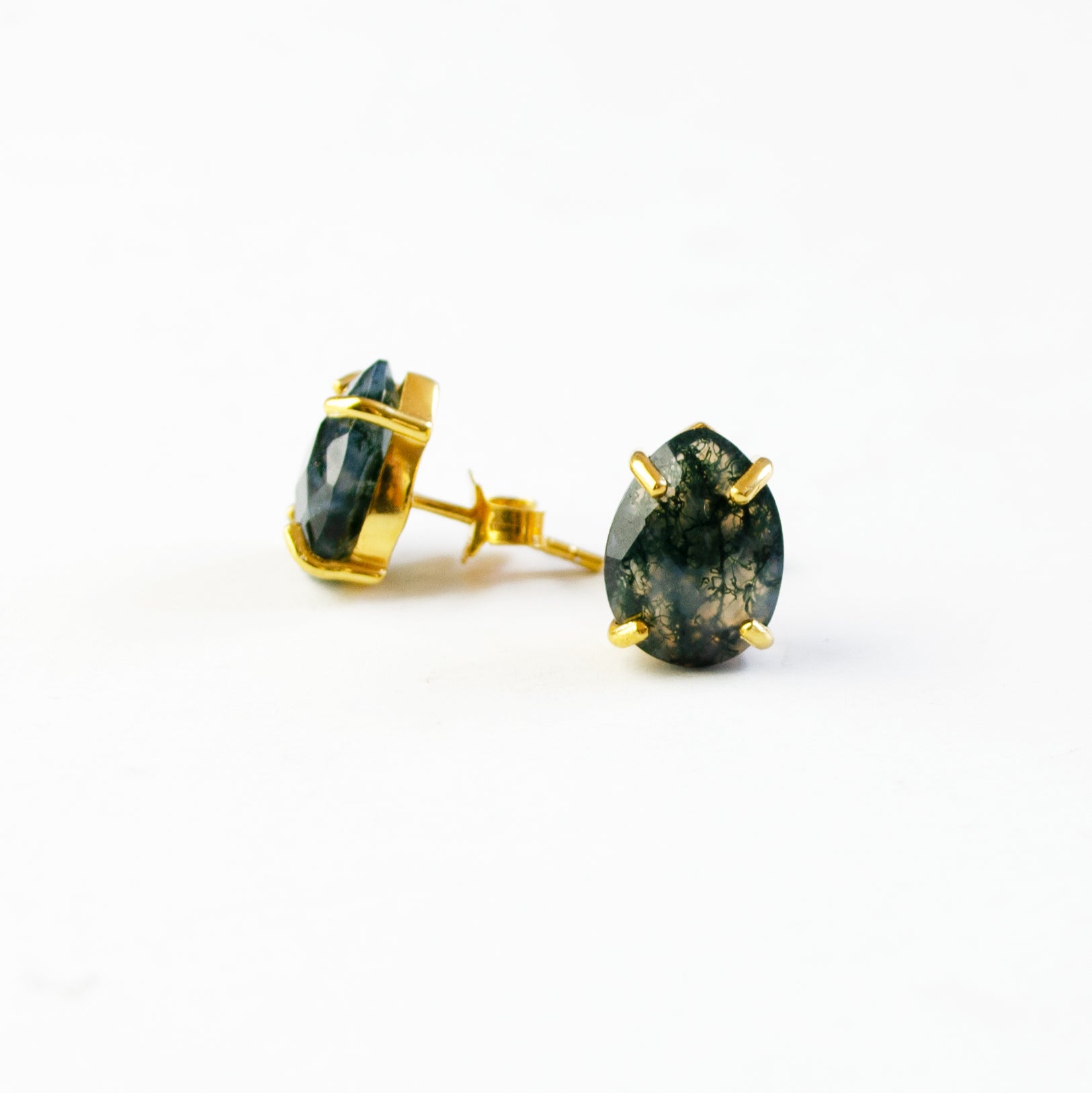 Moss Agate Teardrop Shape Prong Set Stud Earrings