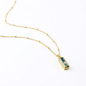 Single gold filled satellite chain with vertical moss agate adira bar necklace with secret engraving in our classic font on white background