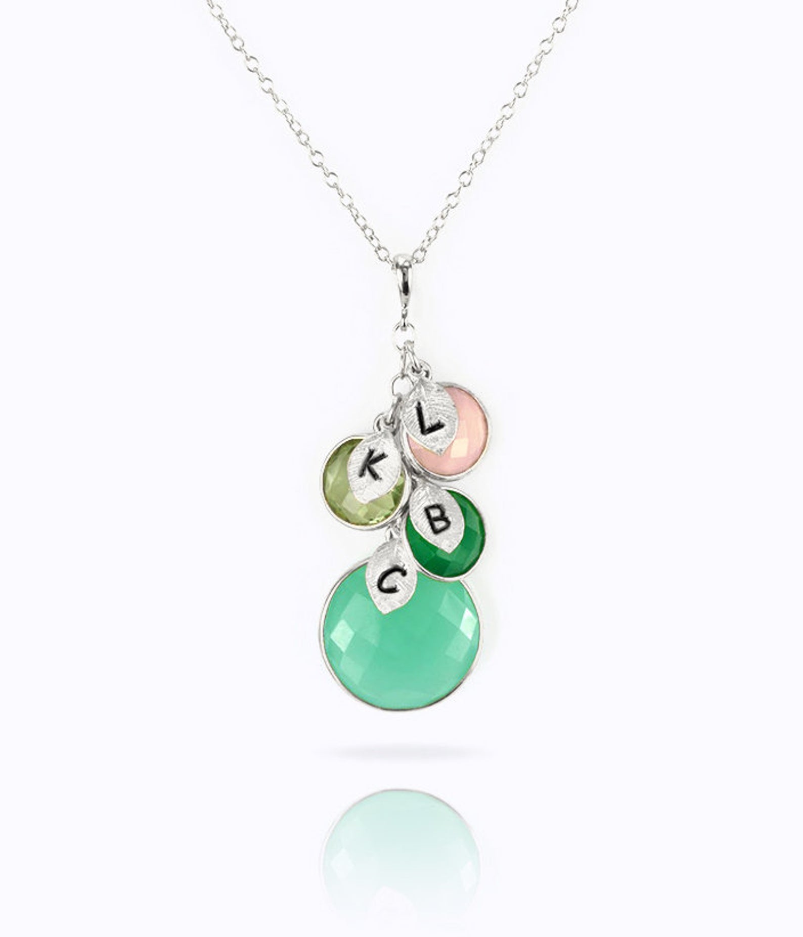 Mother's Round Gemstone Family Necklace, Necklace with Mom and Kids' Birthstones with Stamped Initial Charms