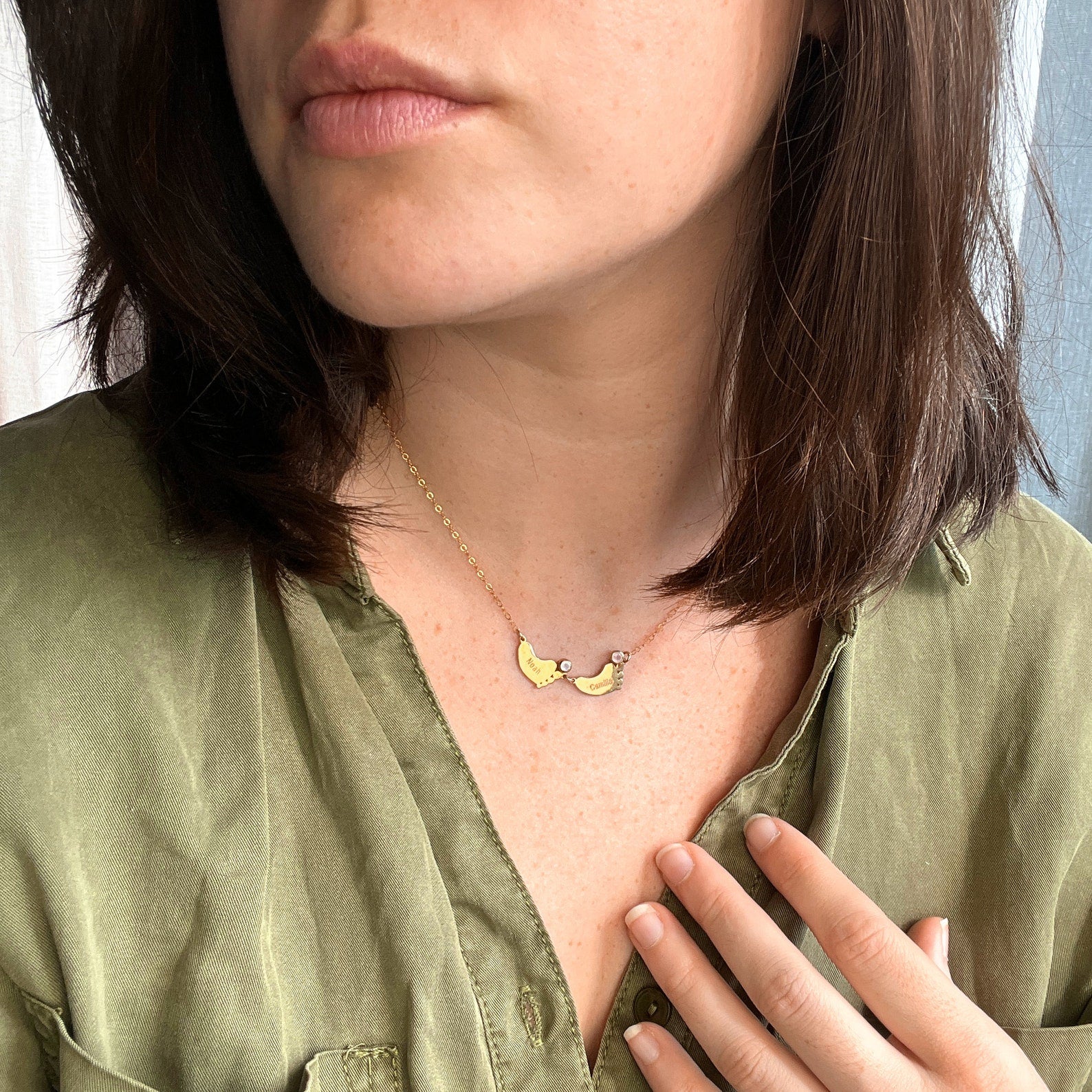 Footprint Charm Horizontal Connector Necklace with Engraved Kid's Names and Birthstones