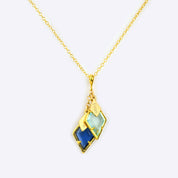 Gold filled cable chain diamond shape mothers necklace with blue quartz and kyanite birthstones and engraved full name tag. 