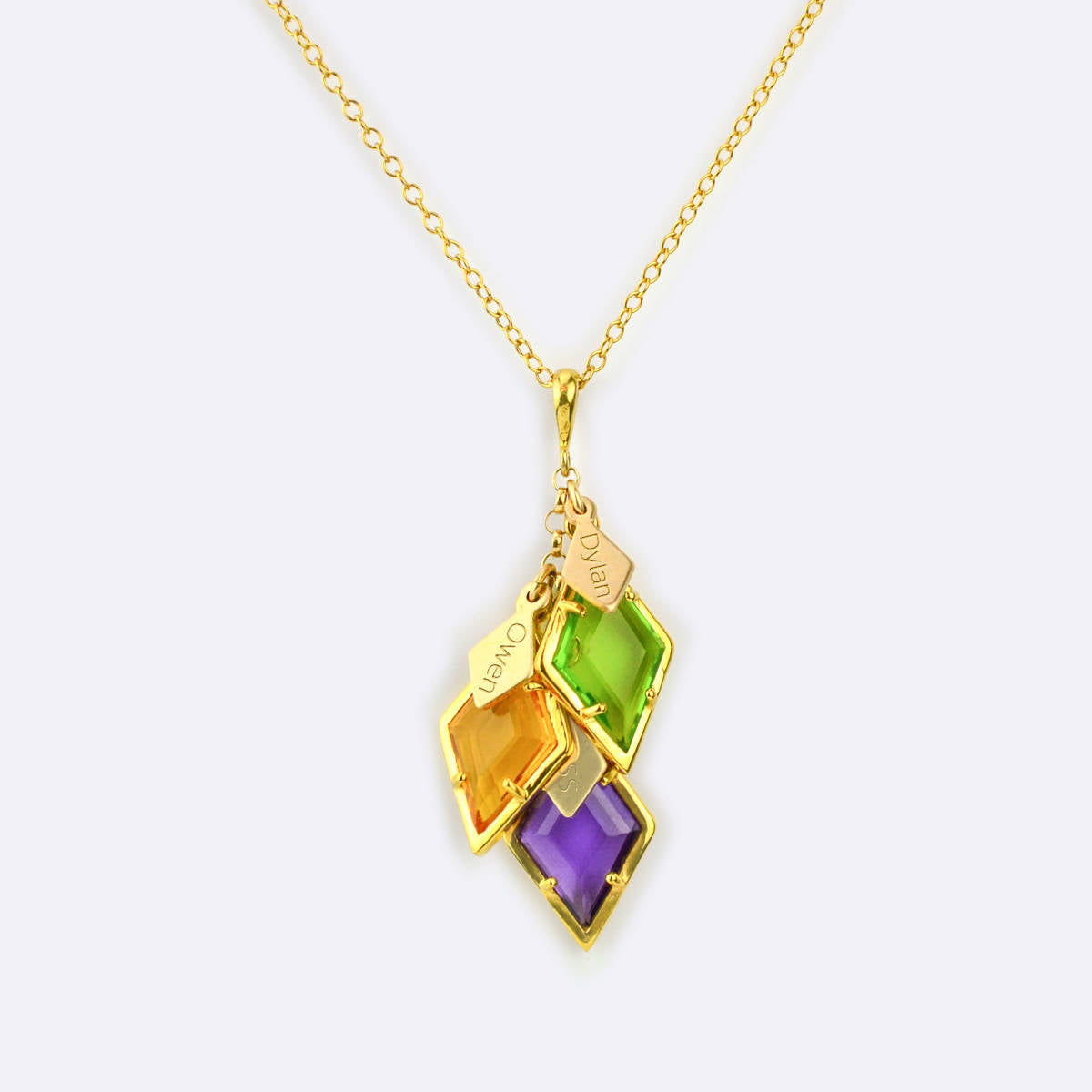 Gold filled diamond shape cascading mothers necklace with engraved full name tags and peridot, citrine and purple amethyst birthstones. 