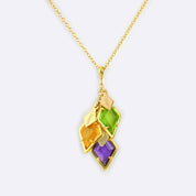 Gold filled diamond shape cascading mothers necklace with engraved full name tags and peridot, citrine and purple amethyst birthstones. 