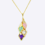 Mothers four stone and engraved full name tag cascading diamond shape necklace with pink chalcedony, aqua chalcedony, moonstone, and purple amethyst. 