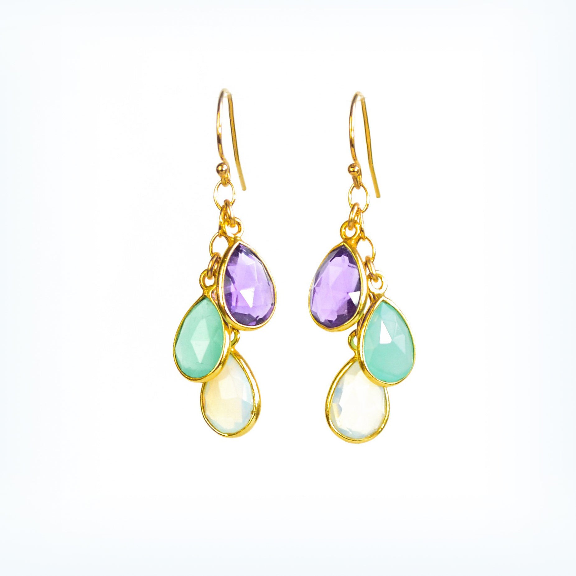 Mother's Cascade Birthstone Earrings Yellow Gold Gemstone Earrings February Purple Amethyst March Aquamarine  October Fire Opal Gemstones