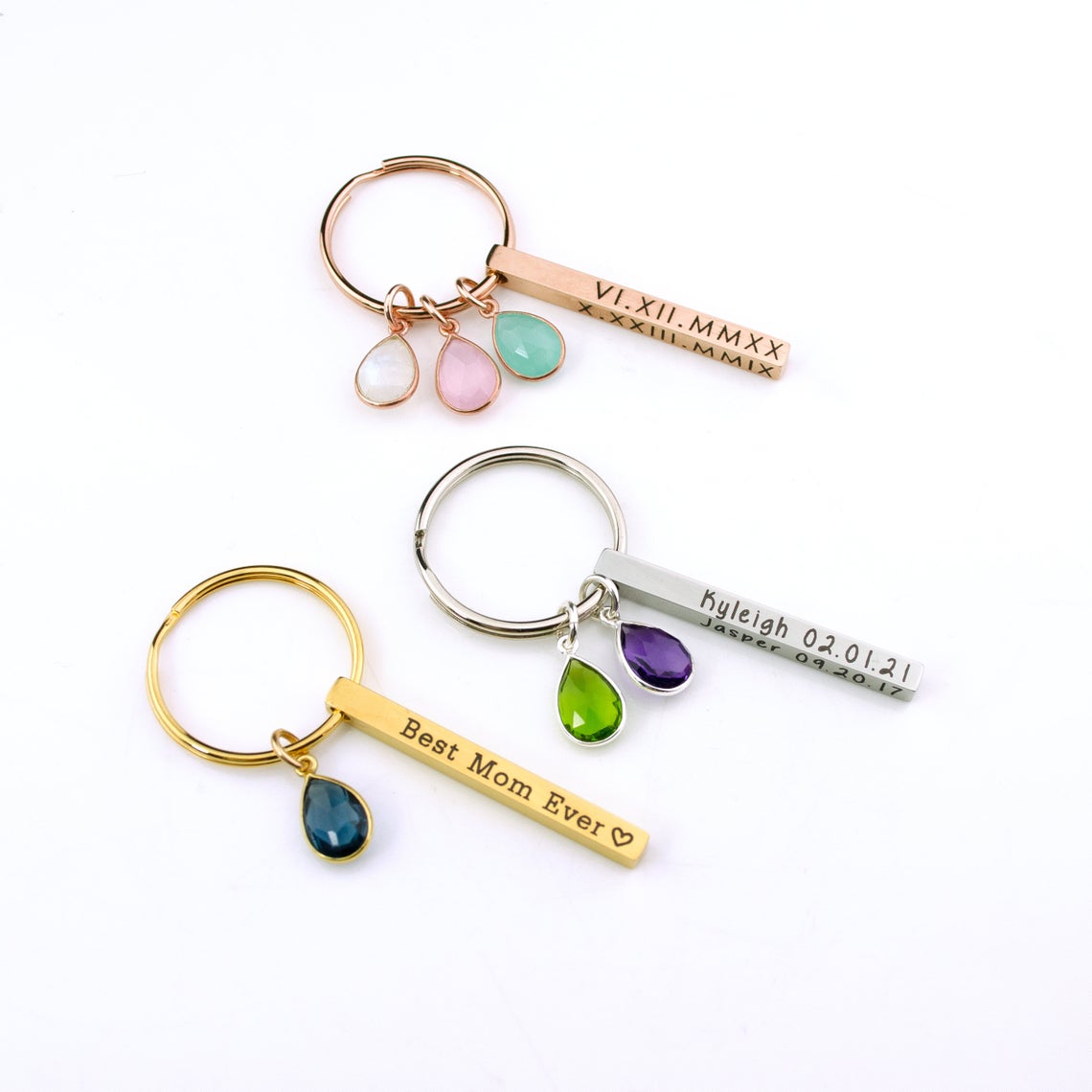 Danique Jewelry Custom Mother's Day Gift 3D Bar Keychain Birthstone Charms Four Sided Bar Personalized Keychain
