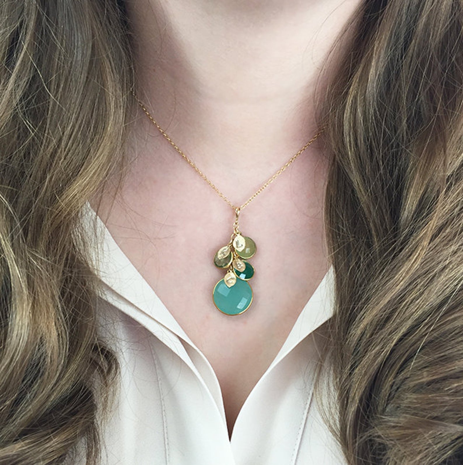 Mother's Round Gemstone Family Necklace, Necklace with Mom and Kids' Birthstones with Stamped Initial Charms