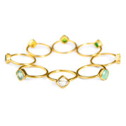 Collection of diamond shape bezel set gold plated rings with green onyx, peridot, citrine, blue quartz, clear quartz and aqua chalcedony birthstones on a white background