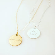 Custom engraved inspiration disc necklaces in gold, silver, and rose gold with words like be kind and loved, dainty motivational jewelry gift for her.