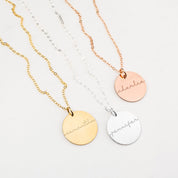 Custom engraved name disc pendant necklaces in gold, silver, and rose gold, personalized minimalist jewelry gift for her.