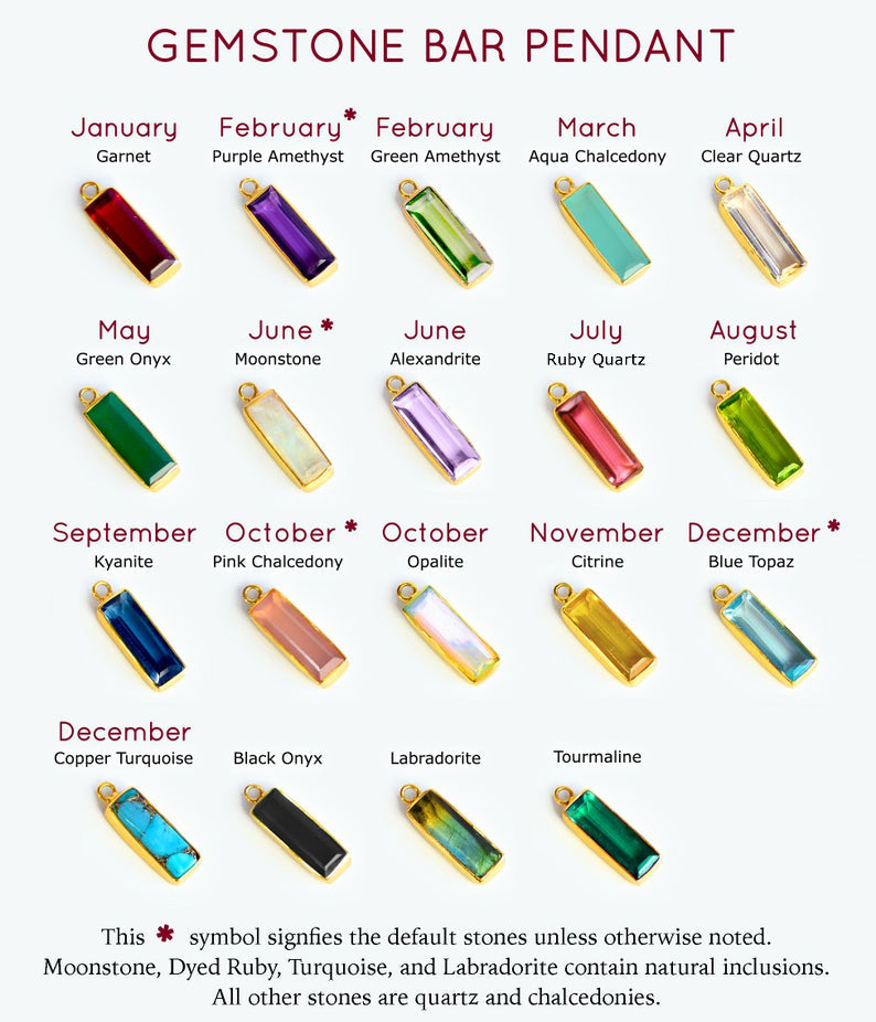 Adira gemstone bar connectors come in a variety of stone options including garnet, purple amethyst, green amethyst, aqua, clear, green onyx, alexandrite, moonstone, ruby, peridot, kyanite, pink chalcedony, opalite, citrine sky blue, copper turquoise, labradorite, green tourmaline, and black onyx. 