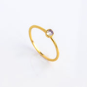 Single gold plated dainty 3mm Opalite gemstone ring. October  birthstone. On white background. 925 sterling silver, birthstone ring, stacking ring, stackable, birthstone jewelry, facet gemstone