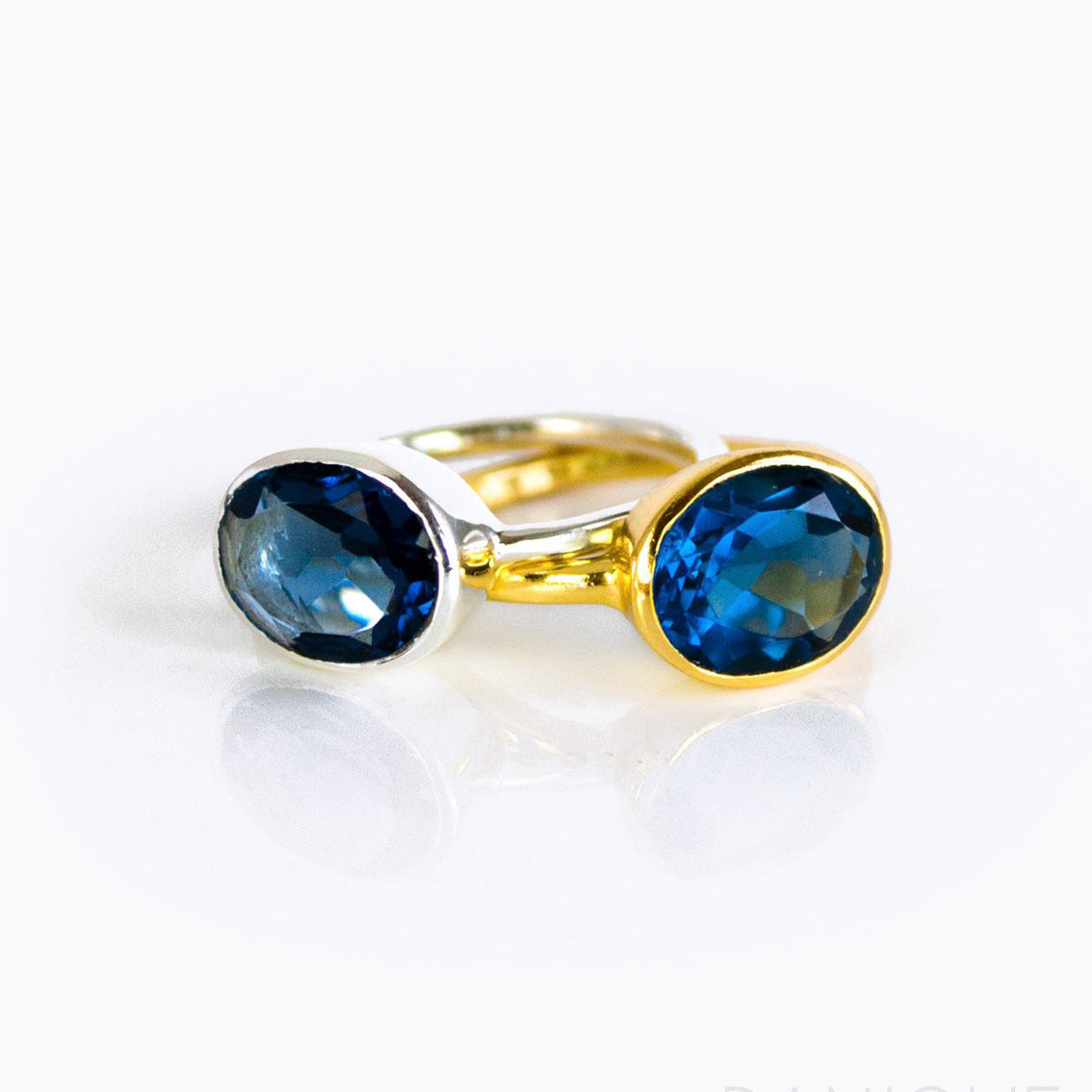 Mix-and-match oval birthstone rings sizing and color chart showing available gemstones and metals; build your own stack with kyanite (September) plus garnet, amethyst, aquamarine, citrine, peridot and more; choose sterling silver or 18k gold vermeil.