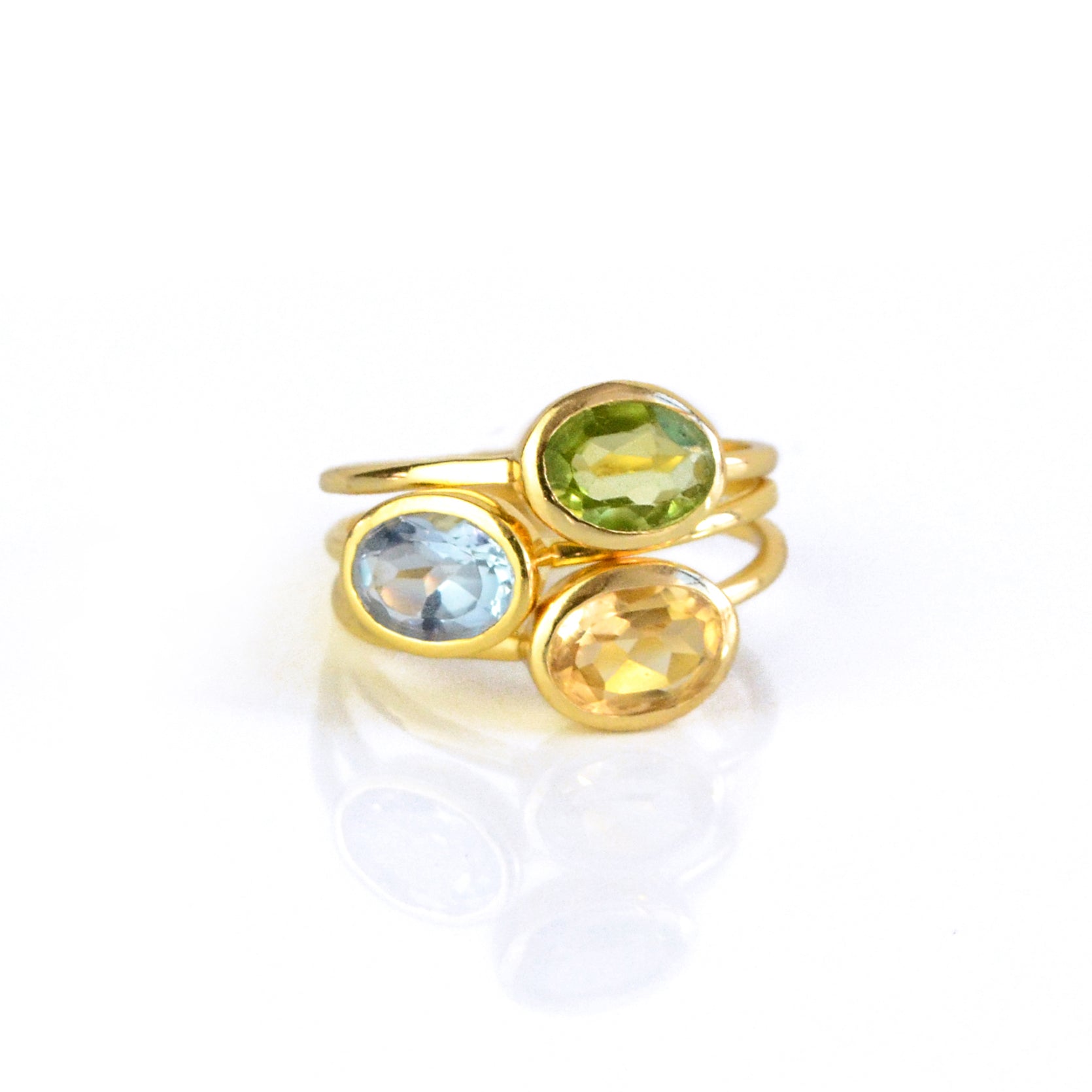 Set of 3 gold Stacking Ring Set Tiny Oval Gemstones with peridot, kyanite and citrine. September Birthstone Sapphire, November Birthstone, August Birthstone. Ring set for mom, sisters, BBF