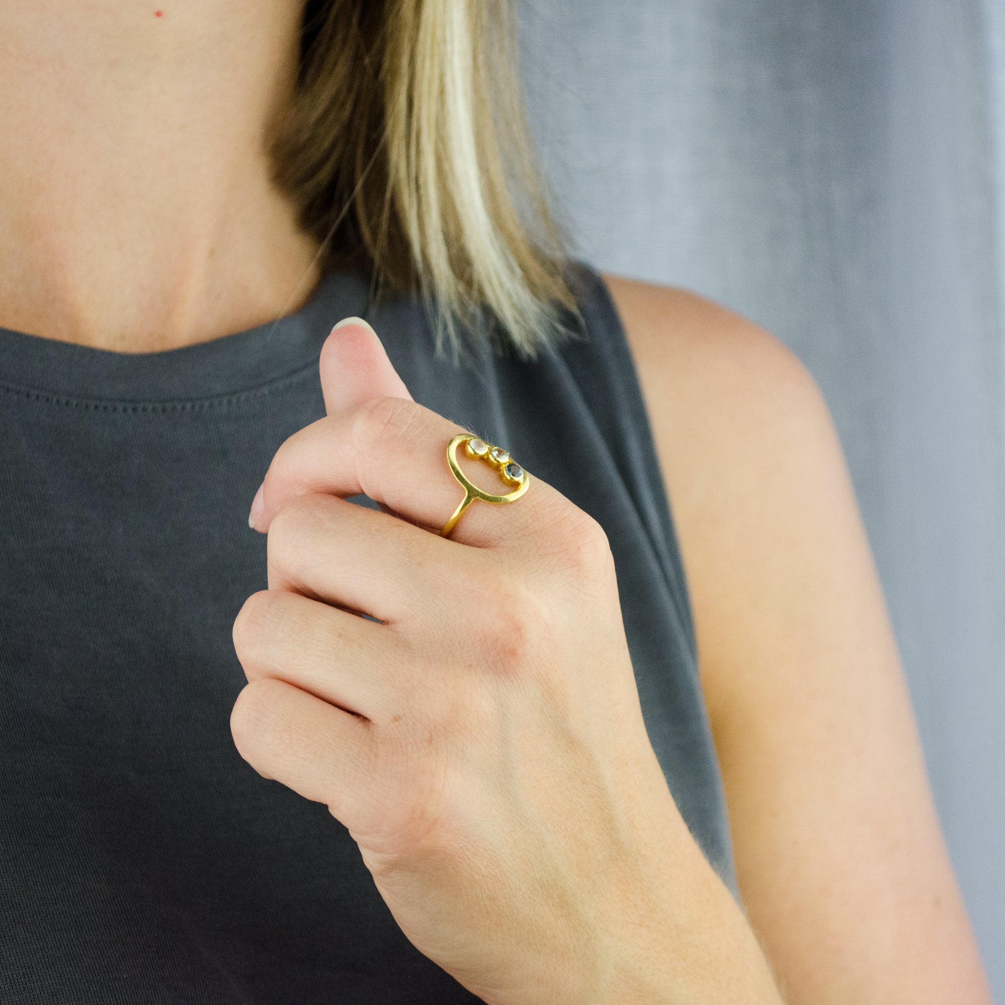 Open Oval Ring, Triple Birthstone Mother's Ring, Mom of Three