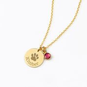 Custom paw print necklace with engraved pet name and sparkling birthstone charm, handcrafted in sterling silver, gold, or rose gold. A meaningful pet memorial necklace or Christmas gift for dog moms, cat moms, and animal lovers. Personalizable with all 12 monthly birthstones from January garnet to December turquoise. Elegant keepsake jewelry gift for birthdays, anniversaries, Mother’s Day, or remembrance occasions.