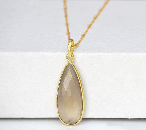 Grey Moonstone Elongated Teardrop Pendant Necklace