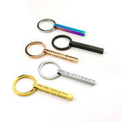 Sleek 3D bar keychains in silver, gold, rose gold, black, and rainbow finishes arranged on a white background, each engraved with custom names, dates, or short messages. Modern personalized keyring set shows scale, polish, and color options—ideal for groomsmen gifts, new-driver “drive safe” presents, and long-distance coordinates keychain ideas for him or her.