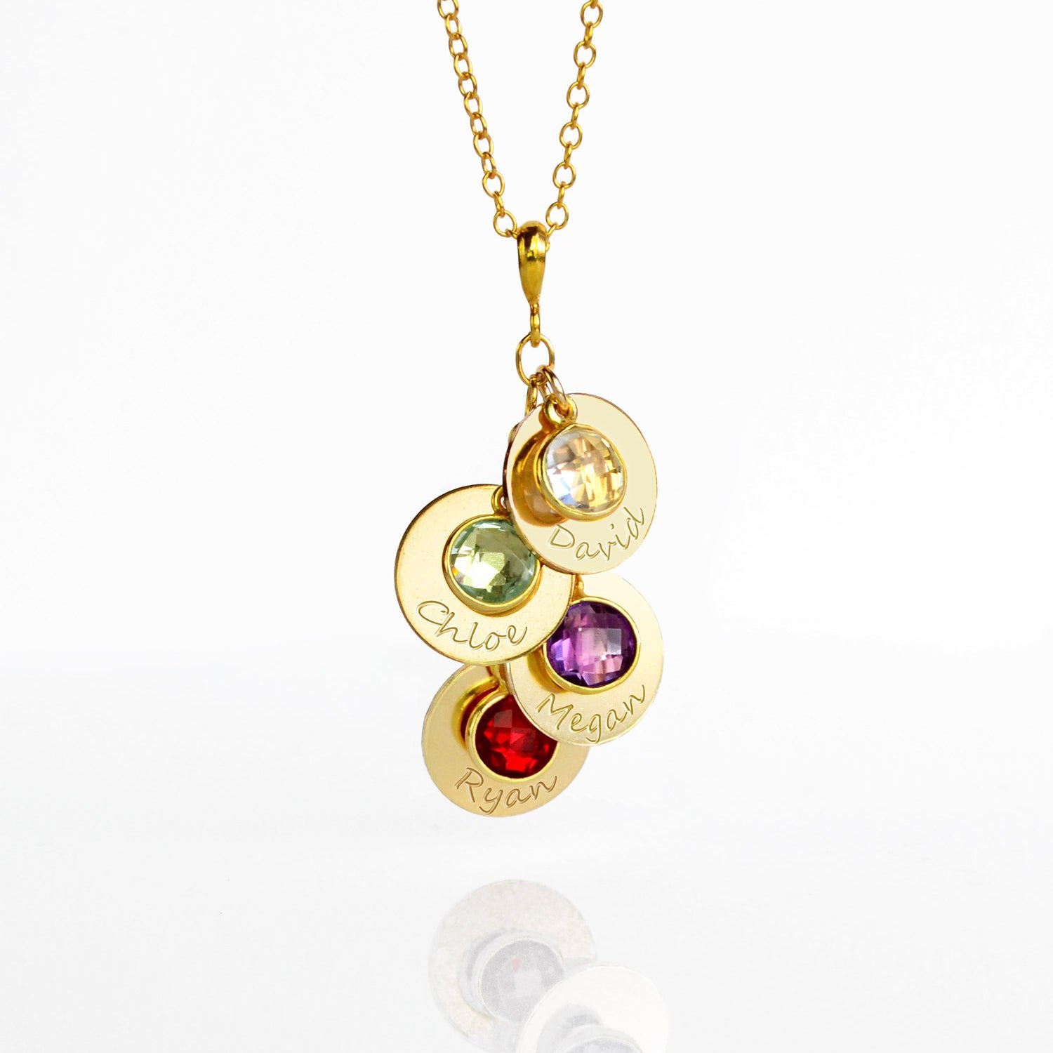 Personalized necklace for mom or grandma featuring three engraved name discs with birthstone charms in 18K gold vermeil, perfect for new moms, mothers-in-law, or grandmothers showcasing kids’ or grandkids’ names in a meaningful keepsake jewelry gift.