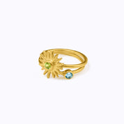 Mix and match these dainty 3mm birthstone bezel rings! gold plated peridot sun burst with kyanite round ring