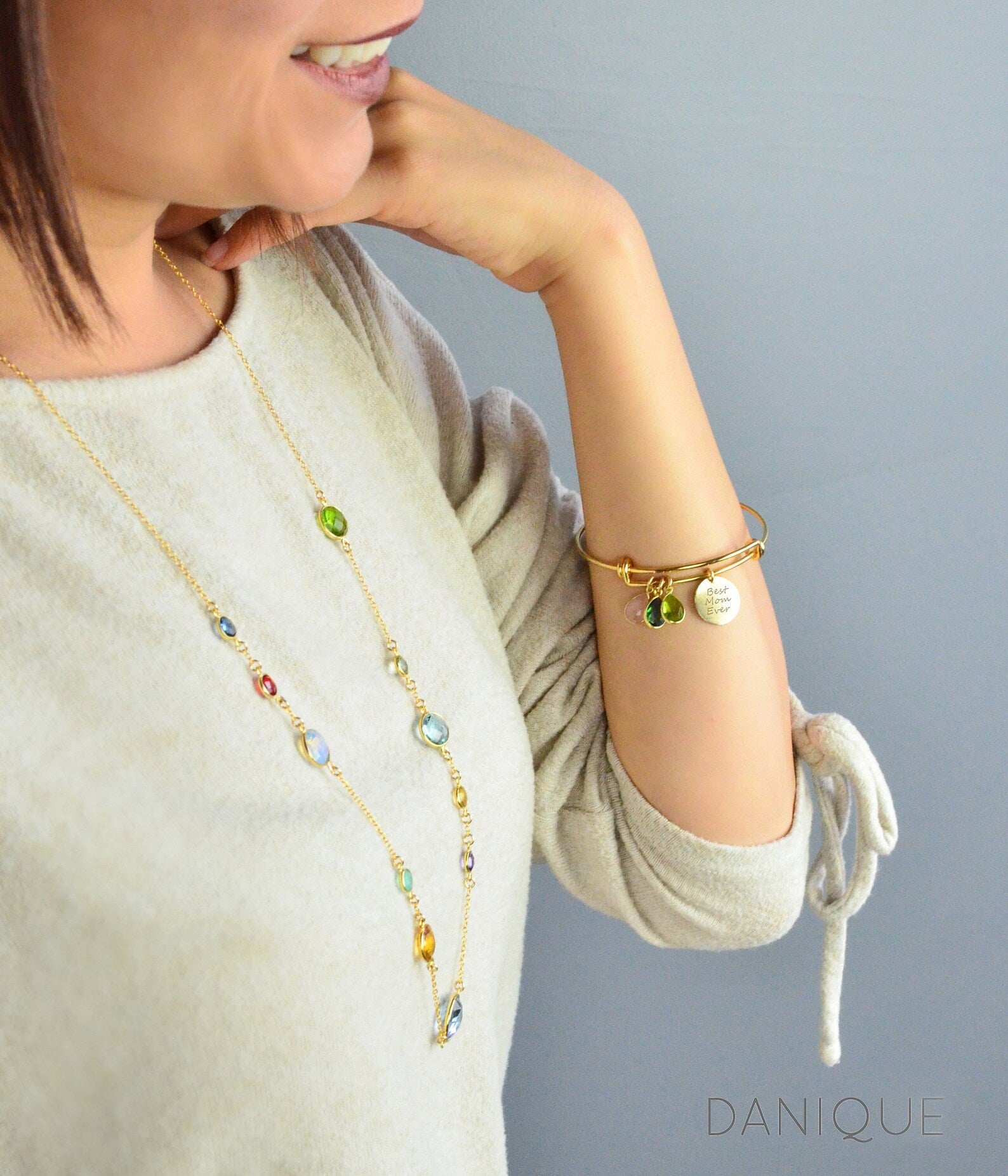 Personalized Mothers Bracelet with Birthstone Charms and Mama Disc Charm