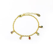 Single gold-filled dangle five stone birthstone bracelet, adjustable bracelet chain with purple amethyst, pink chalcedony, garnet, aqua chalcedony, and iolite. 