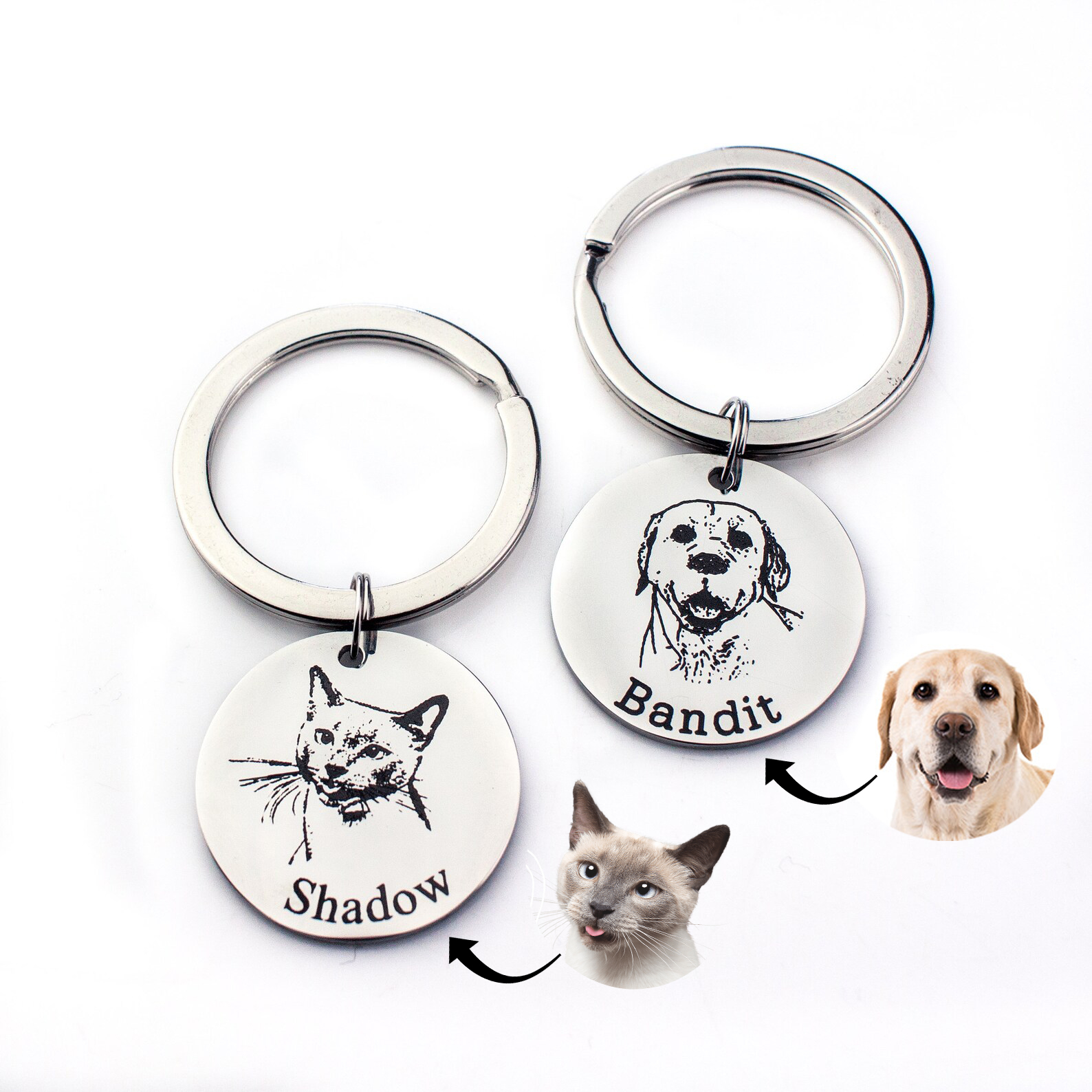 Laser engraved from photo! Two silver toned circle keychains with cat image and name engraved in classic font and dog with typewriter font.