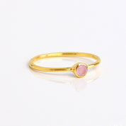 Single gold plated dainty 3mm pink chalcedony gemstone ring. October  birthstone. On white background. 925 sterling silver, birthstone ring, stacking ring, stackable, birthstone jewelry, facet gemstone