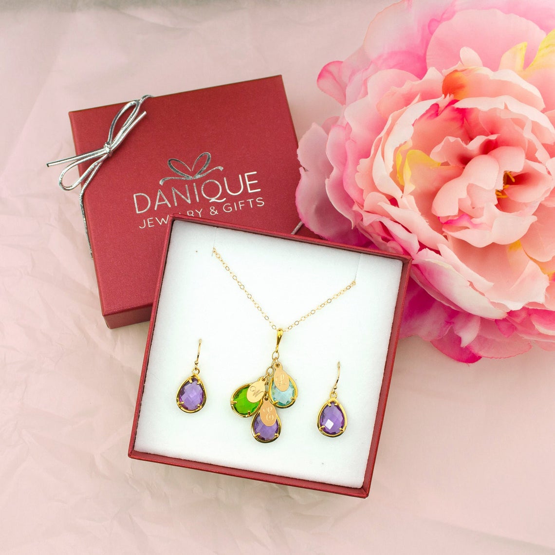 Gift for Mom : Custom Name and Birthstone Necklace & Earrings Set