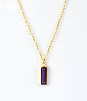 Gold filled cable chain with purple amethyst vertical adira bar. February birthstone necklace in gold filled.